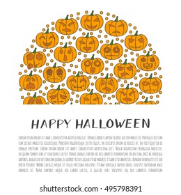 Vector illustration with cartoon hand drawn background of orange Halloween Pumpkin with different scary or funny carving faces. Vector Halloween Pumpkin background. Trick or treat concept