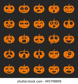 Vector illustration with cartoon hand drawn set of orange Halloween Pumpkin with different scary or funny carving faces. Isolated Halloween Pumpkin icons or background. Trick or treat concept