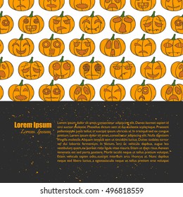 Vector illustration with cartoon hand drawn background of orange Halloween Pumpkin with different scary or funny carving faces. Vector Halloween Pumpkin background. Trick or treat concept