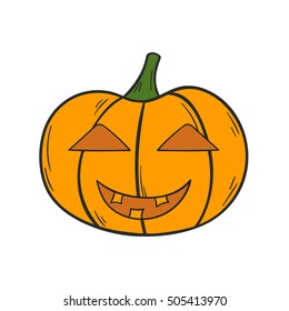 Vector illustration with cartoon hand drawn orange Halloween Pumpkin with scary or funny carving face. Isolated Halloween Pumpkin icon or background. Trick or treat concept