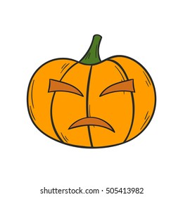 Vector illustration with cartoon hand drawn orange Halloween Pumpkin with scary or funny carving face. Isolated Halloween Pumpkin icon or background. Trick or treat concept