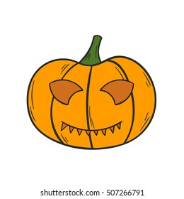 Vector illustration with cartoon hand drawn orange Halloween Pumpkin with scary or funny carving face. Isolated Halloween Pumpkin icon or background. Trick or treat concept