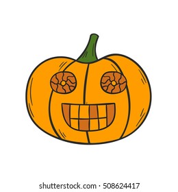 Vector illustration with cartoon hand drawn orange Halloween Pumpkin with scary or funny carving face. Isolated Halloween Pumpkin icon or background. Trick or treat concept