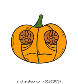 Vector illustration with cartoon hand drawn orange Halloween Pumpkin with scary or funny carving face. Isolated Halloween Pumpkin icon or background. Trick or treat concept
