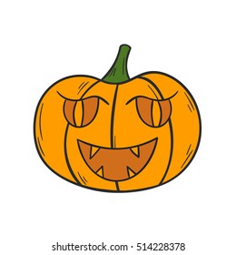 Vector illustration with cartoon hand drawn orange Halloween Pumpkin with scary or funny carving face. Isolated Halloween Pumpkin icon or background. Trick or treat concept