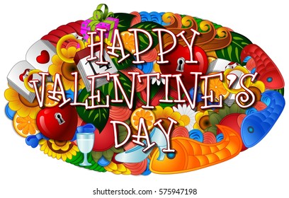 Vector illustration of Cartoon hand drawn doodles happy valentines day with colorful elements background