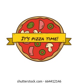Vector illustration with cartoon hand drawn pizza logo. Vector pizzeria, cafe, restaurant menu. Italian cuisine food.  