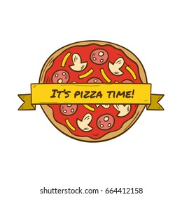 Vector illustration with cartoon hand drawn pizza logo. Vector pizzeria, cafe, restaurant menu. Italian cuisine food.  