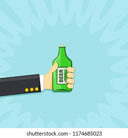 Vector illustration of cartoon hand holding the beer bottle.