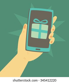 Vector illustration of cartoon hand holding a smartphone up. There's a wrapped present in the screen.