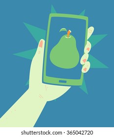 Vector illustration of a cartoon hand holding a mobile phone with a pear on the screen.