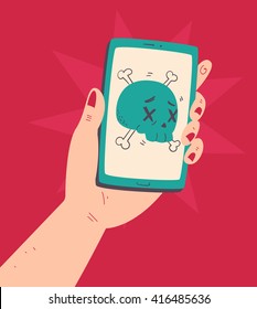 Vector illustration of a cartoon hand holding a mobile phone with a dead skull on the screen.