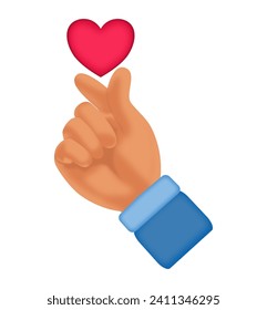 Vector illustration of a cartoon hand making a love gesture with a red or pink heart shape.