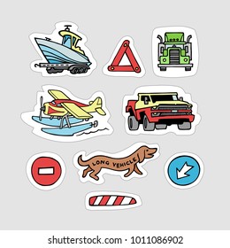 Vector illustration of cartoon handmade tech stickers. Set of isolated transport objects. Transportation symbol collection with boat, truck, sea plane.