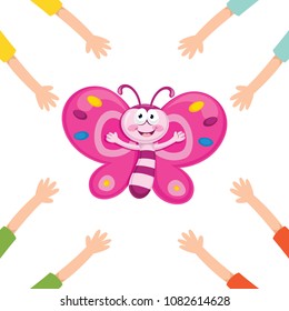 Vector Illustration Of Cartoon Hands With Butterfly