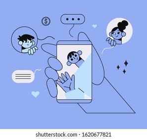 Vector illustration of cartoon hands holding a phone. Man from smartphone waving to his friends. Refer a friend, refferal marketing and social media promotion for banner, ad, article, web, ui design.