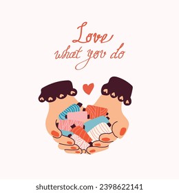 Vector illustration with cartoon hands holding threads and the lettering. A set of elements for designing books and brochures in the field of hobbies and creativity. Scandinavian illustration style.