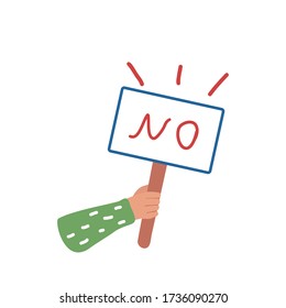 Vector illustration of cartoon hands of a man holding a poster with the word no, a man says Yes. Flat style