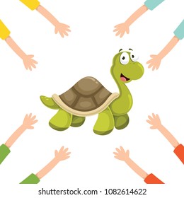 Vector Illustration Of Cartoon Hands With Turtle