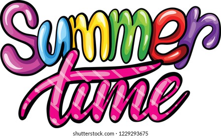 VECTOR illustration cartoon handwritten lettering summer time in different colors.