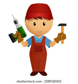 Vector illustration. Cartoon handyman with hammer and battery drill