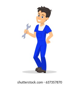 Vector illustration of a cartoon handyman man with a wrench. Isolated white background. Concept of business service repair. Boy workman in blue work clothes with a working tool. 