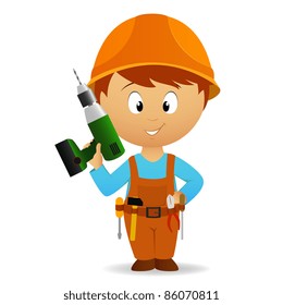 Vector illustration. Cartoon handyman with tools belt and battery drill
