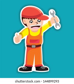 Vector illustration. Cartoon handyman with wrench