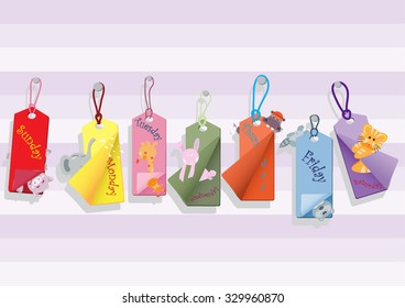 Vector illustration cartoon happy animals pig elephant giraffe rabbit hippo raccoon tiger on the diary bookmark
