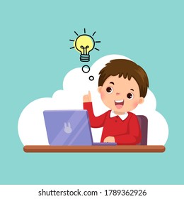 Vector illustration of a cartoon happy boy with his laptop having a good idea. Education concept.