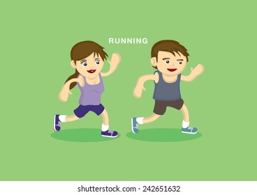 Vector illustration of cartoon happy boy and girl in sportswear exercise by running