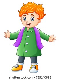 Vector illustration of Cartoon happy boy in green winter clothes