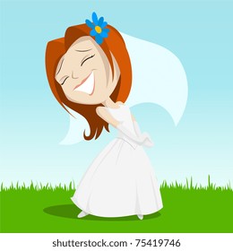 Vector illustration. Cartoon happy bride on green grass with blue flower in her hair