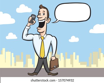 Vector illustration of Cartoon happy businessman with mobile phone. Easy-edit layered vector EPS10 file scalable to any size without quality loss. High resolution raster JPG file is included.