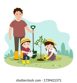 Vector illustration of a cartoon happy children helping their father planting the young tree. Family enjoying time at home concept.