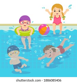 Vector illustration cartoon of happy children swimming in the pool.