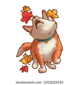 Vector illustration of cartoon happy corgi playing in autumn foliage isolated on white background. Dog illustration for stickers, grooming saloon, prints, mascot.