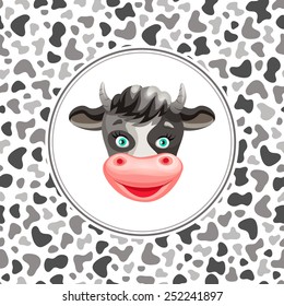 Vector illustration. Cartoon happy cow and seamless spotted pattern.