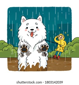 Vector illustration Cartoon Happy dirty dog walking in the rain