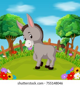 vector illustration of Cartoon happy donkey smile in the farm