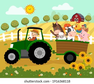 Vector illustration cartoon of happy elderly farmer driving a tractor with a trailer carrying farm animals on the farm.
