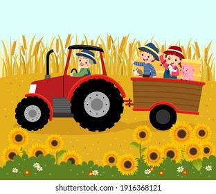 Vector Illustration Cartoon Of Happy Elderly Farmer Driving A Tractor With Kids And Bales Of Straw On A Trailer With Wheat Flied Background.