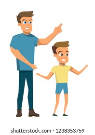 Vector Illustration Cartoon Happy Family Concept. Image Young Smiling Father Holding his Son by Hand. Isolated on White Background. Cheerful Smiling Laughing Father and Son Walking Together