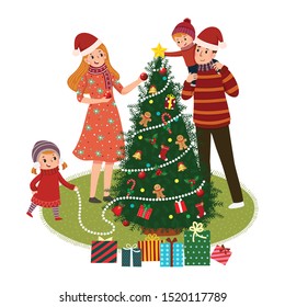 Vector illustration cartoon of happy family decorating a Christmas tree. The concept of Christmas and New Year.