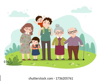 Vector illustration cartoon of a happy family in the park. Mother, father, grandparents, and children with a cat. Vector people.