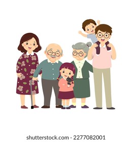 Vector illustration cartoon of a happy family. Mother, father, grandparents, and children with a cat. Vector people.