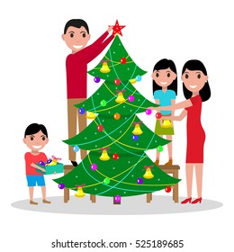 Vector illustration of a cartoon happy family decorates the Christmas tree. Parents and children decorate fir Christmas. Isolated white background. Flat style. People are preparing for the new year.