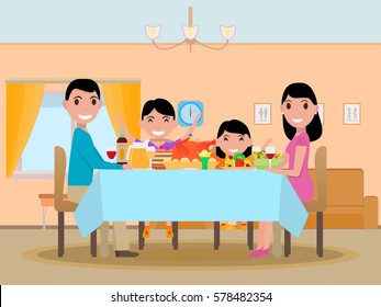 Vector illustration cartoon happy family at festive dinner table. Parents and kids are sitting at a table with a nice meal. Family in living room. Flat style. Holiday family table.