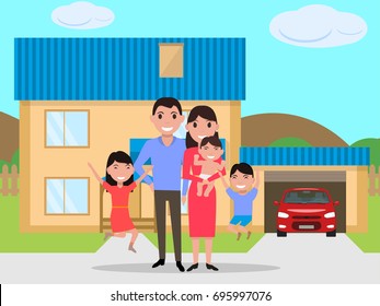 Vector illustration of a cartoon happy family bought a new house. Parents with children are standing next to a new home. Concept of a mortgage to a young family on real estate. Flat style.