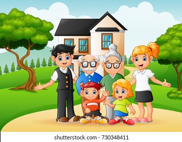 Vector illustration of Cartoon happy family members in the front yard of the house